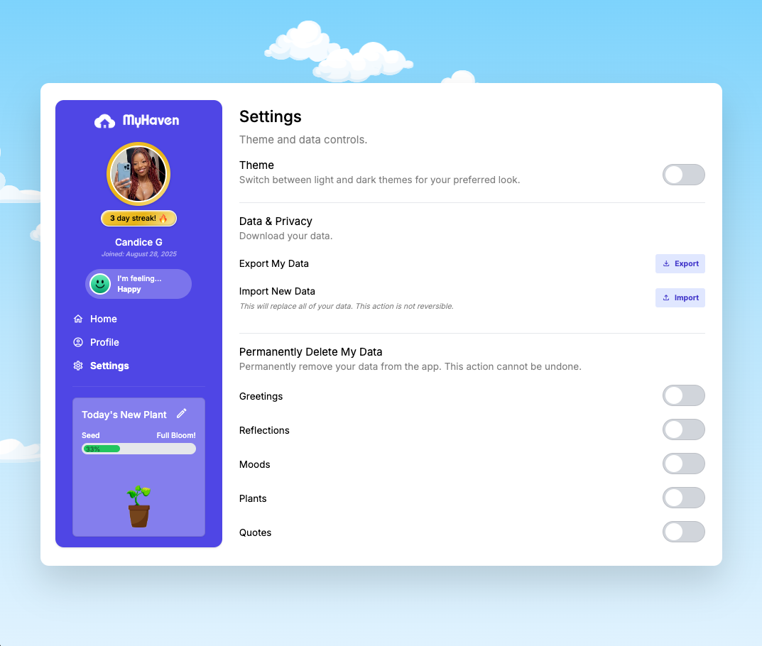 MyHaven: Settings